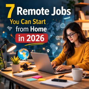 “Remote jobs you can start from home in 2026 concept with laptop and work from home setup.”