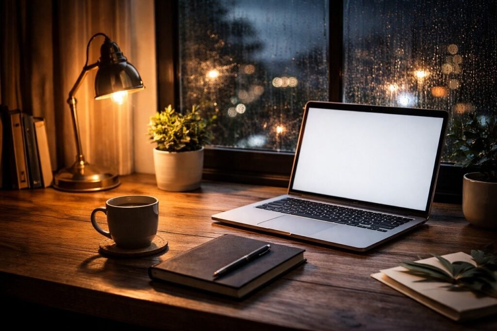 workspace, home office, laptop mockup, blank screen, free background, wallpaper hd, desk setup, cozy workspace, cool backgrounds, wallpaper 4k, night work, desktop backgrounds, mac wallpaper, productivity, remote work, freelancer, content creator, 4k wallpaper 1920x1080, minimal desk, full hd wallpaper, coffee cup, laptop wallpaper, notebook, rain on window, free wallpaper, 4k wallpaper, moody lighting, home interior, hd wallpaper, modern workspace, beautiful wallpaper, study setup, background, windows wallpaper, ai generated