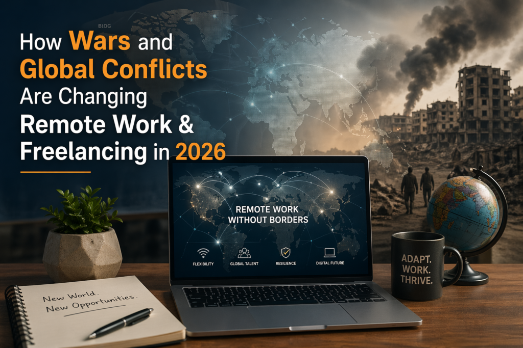 “Modern remote work setup with laptop, global map, and war-torn city background illustrating how global conflicts and wars are impacting remote work and freelancing in 2026.”