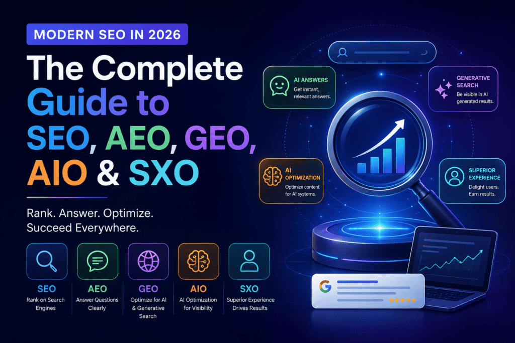 Modern SEO 2026 infographic showing SEO, AEO, GEO, AIO, and SXO strategies for improving search visibility, AI discoverability, and user experience.