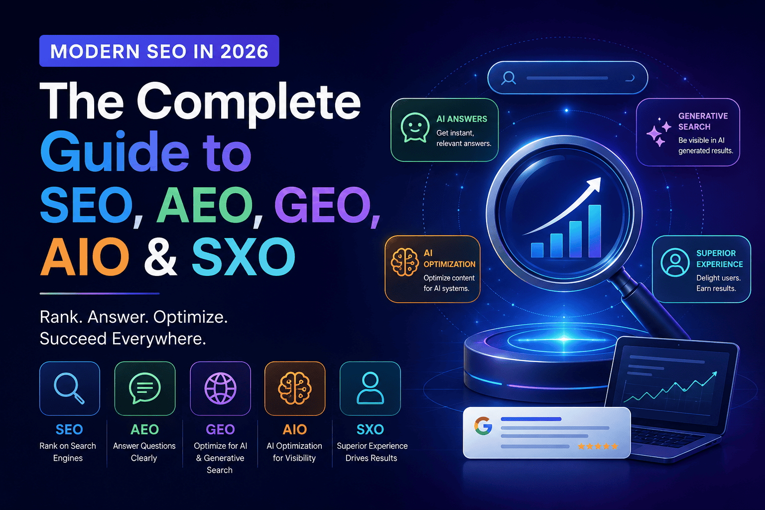 Modern SEO in 2026: The Complete Guide to SEO, AEO, GEO, AIO & SXO