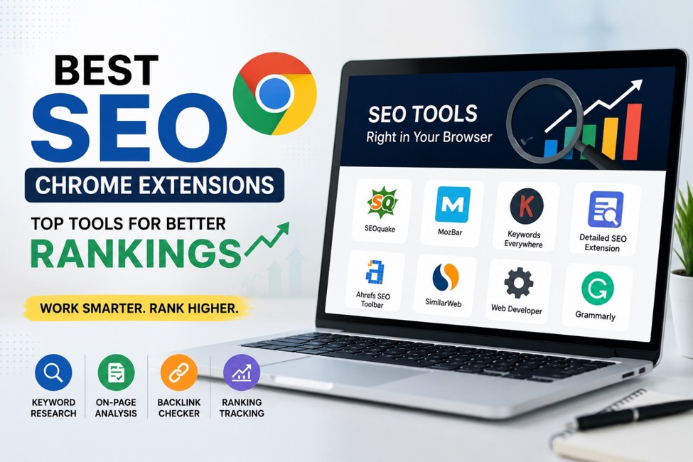 "Best SEO Chrome Extensions in 2026 displayed on a laptop screen with SEO analytics, keyword research, website optimization, search rankings, backlinks, and digital marketing tools for improving organic traffic."
