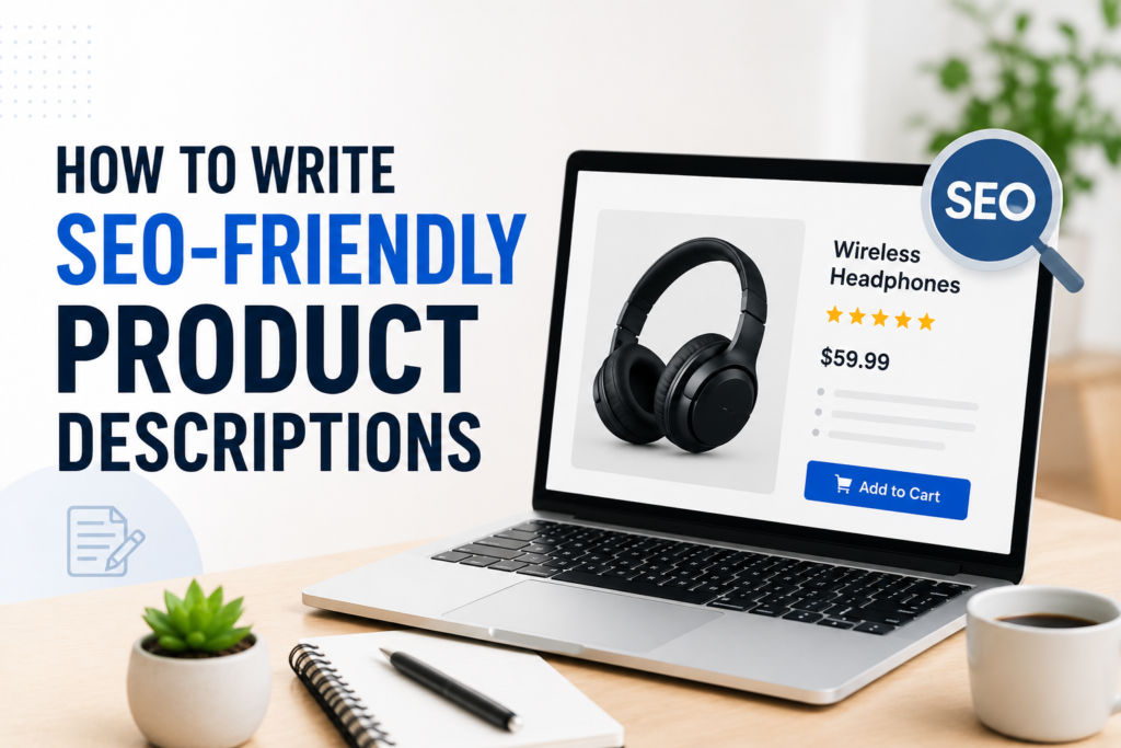 "Laptop displaying an SEO-optimized product page with the title 'How to Write SEO-Friendly Product Descriptions That Rank on Google.'"